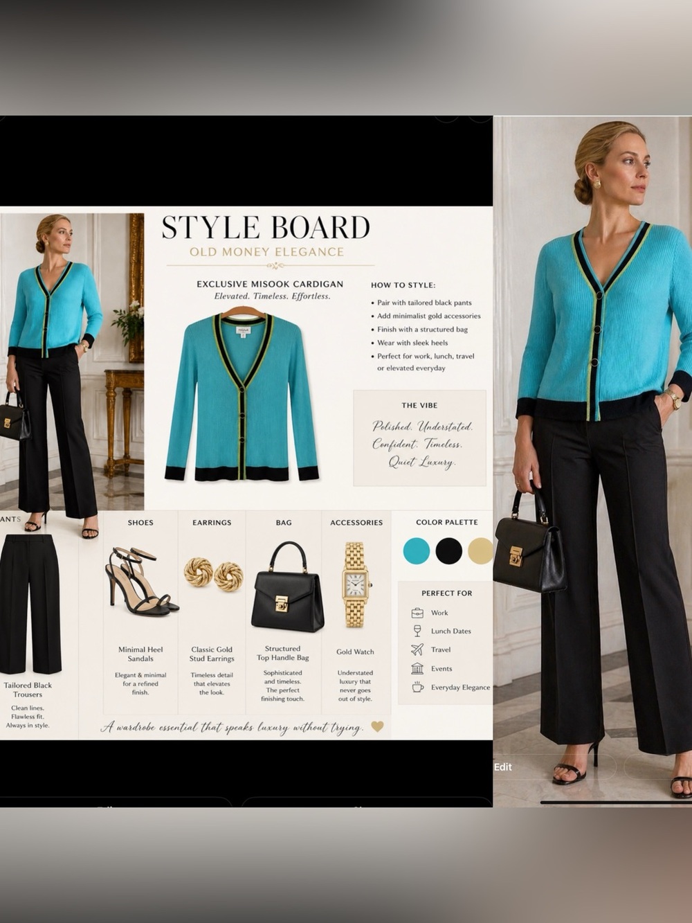 Misook aqua blue ribbed knit cardigan jacket with black and lime green trim.SM